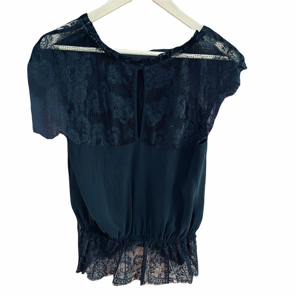 Express Black Lace Peplum Silk Blouse Sequins M - Picture 10 of 15